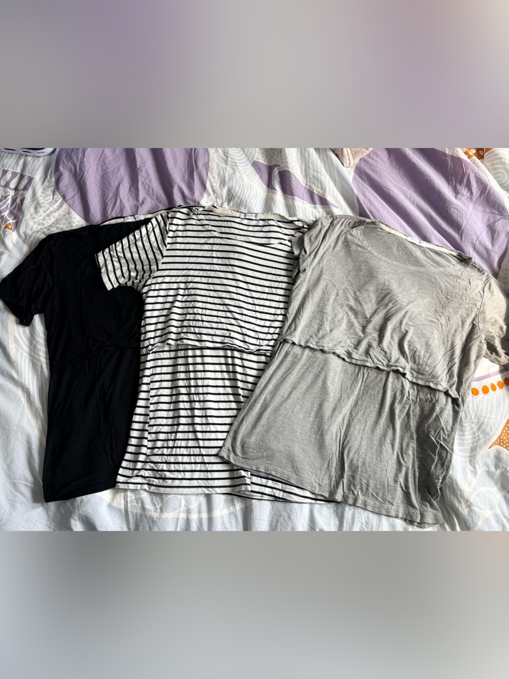 3-Pack Nursing TShirt Set - Black, Striped Black & White, Heather Gray size L